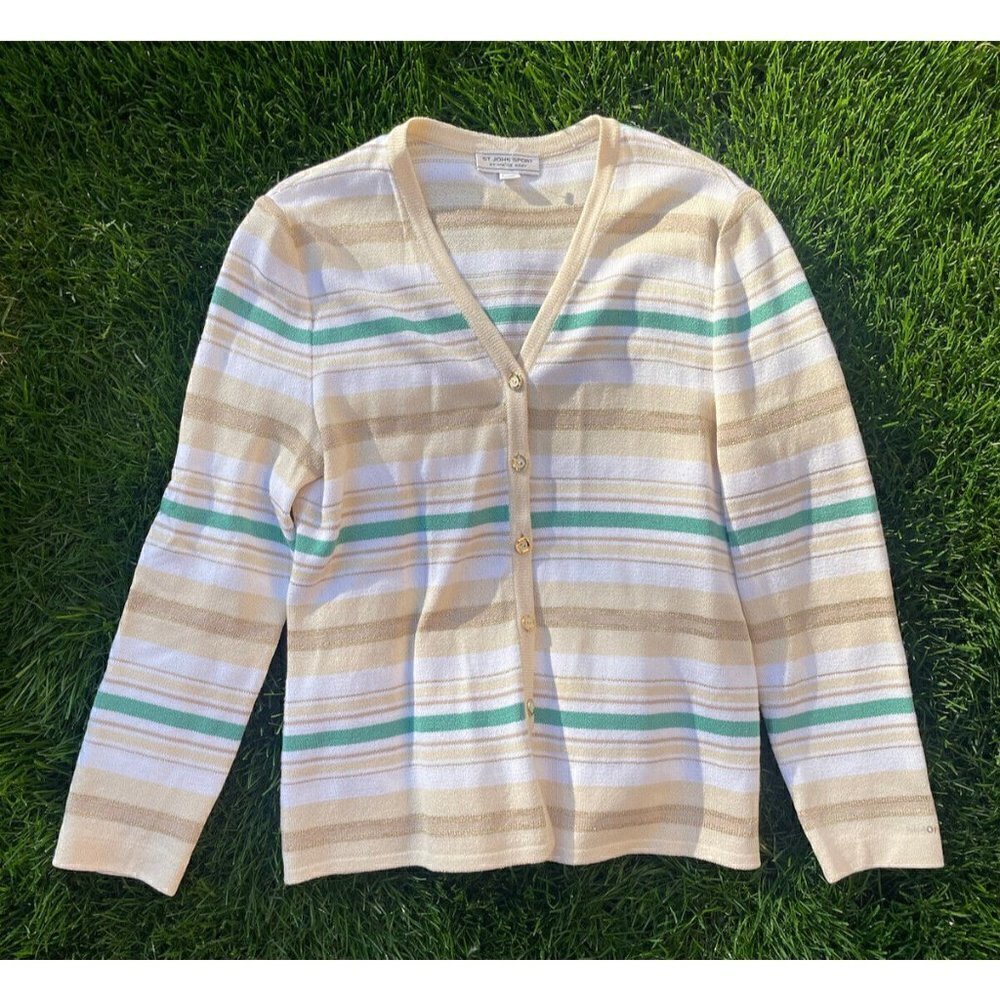 St. John Sport Marie Gray green gold ivory Striped Knit Cardigan Sweater P EUC